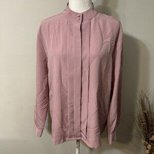 Vtg Swann Women Pink Button Up Long Sleeve Pleated Front Shirt Top Tab Collar 14